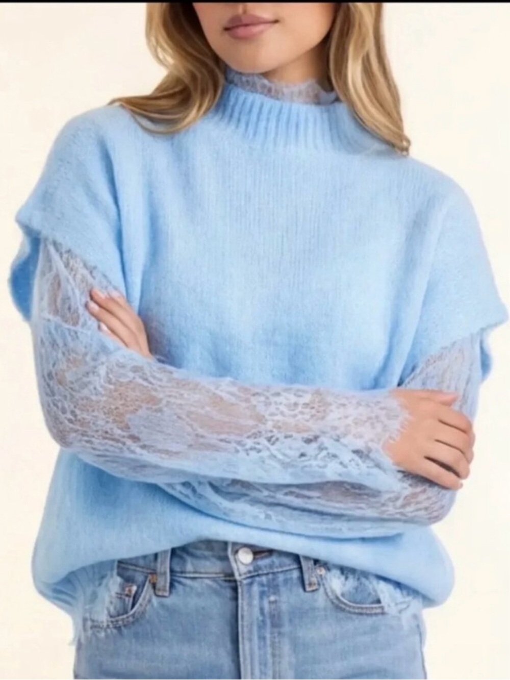 Q2 Light Blue Lace-Sleeve Turtleneck Sweater